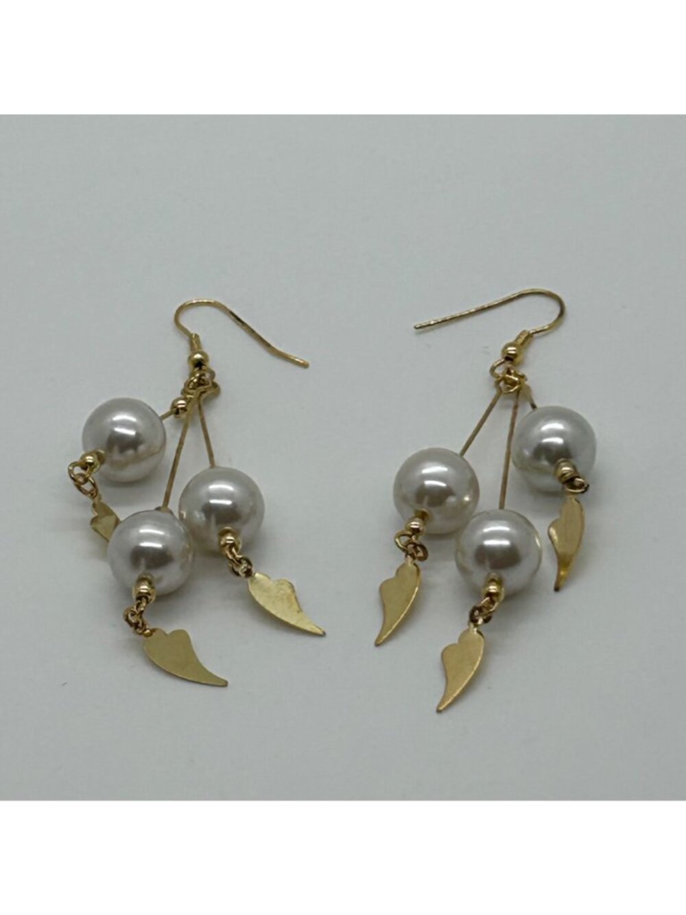 Vintage Gold--tone Faux Pearl Dangle Earrings With Leaf Charms Statement 3.25 in - Picture 7 of 14